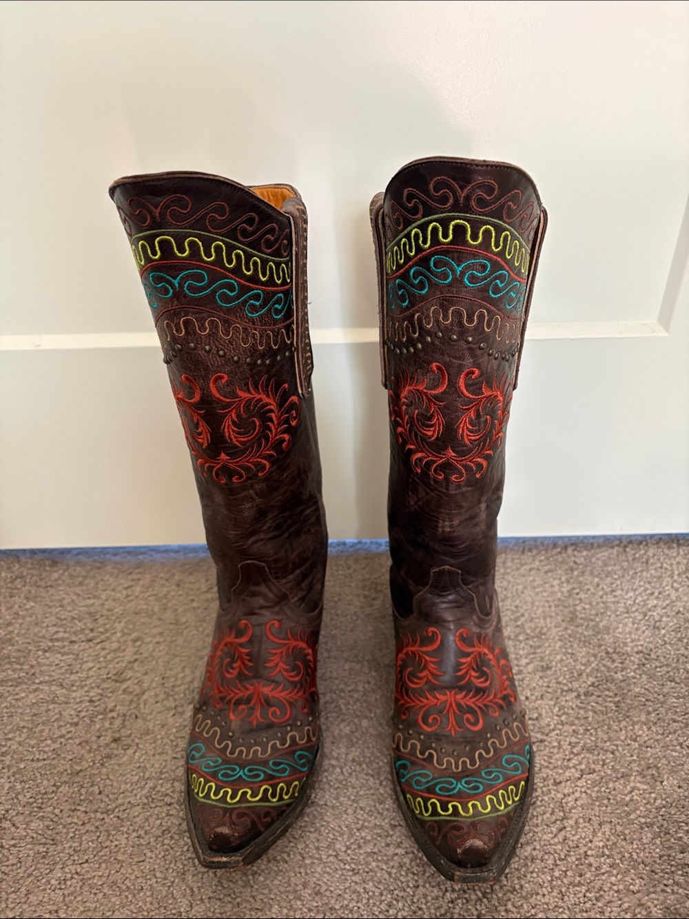 Old Gringo Brown Leather Zarapa Heeled Boots with Multicolor Embroidery & studs